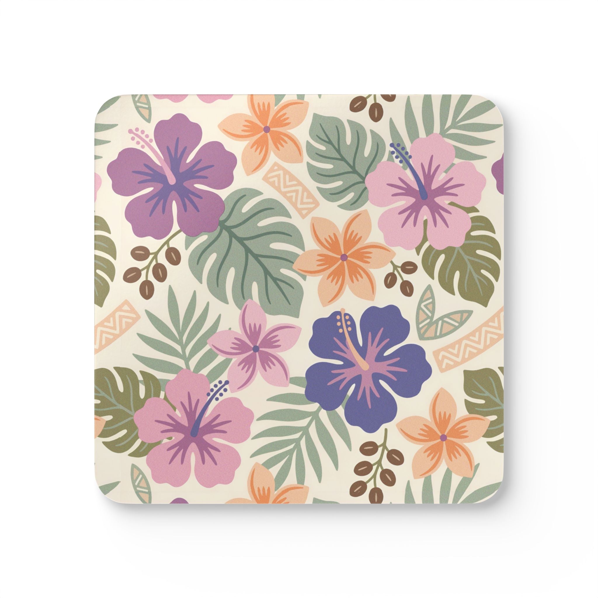 Retro Tropical Tiki Summer, Hawaiian Hibiscus Purple Corkwood Coaster Set - Mid Century Modern Gal
