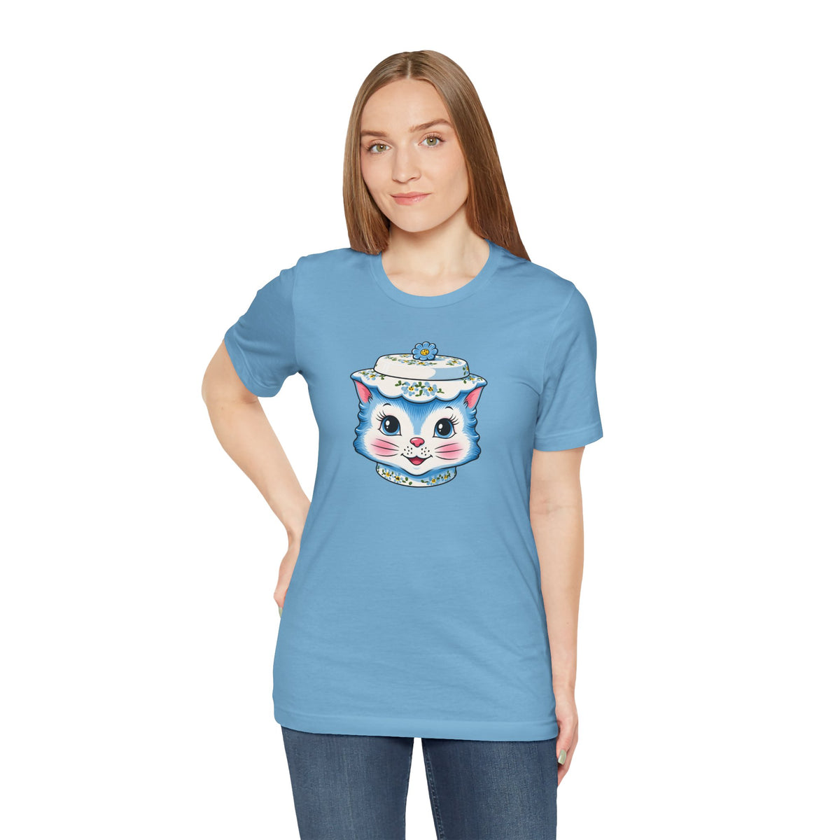 Mid Century Modern Kitschy Anthropomorphic Blue Cat with Floral Hat Unisex T-Shirt