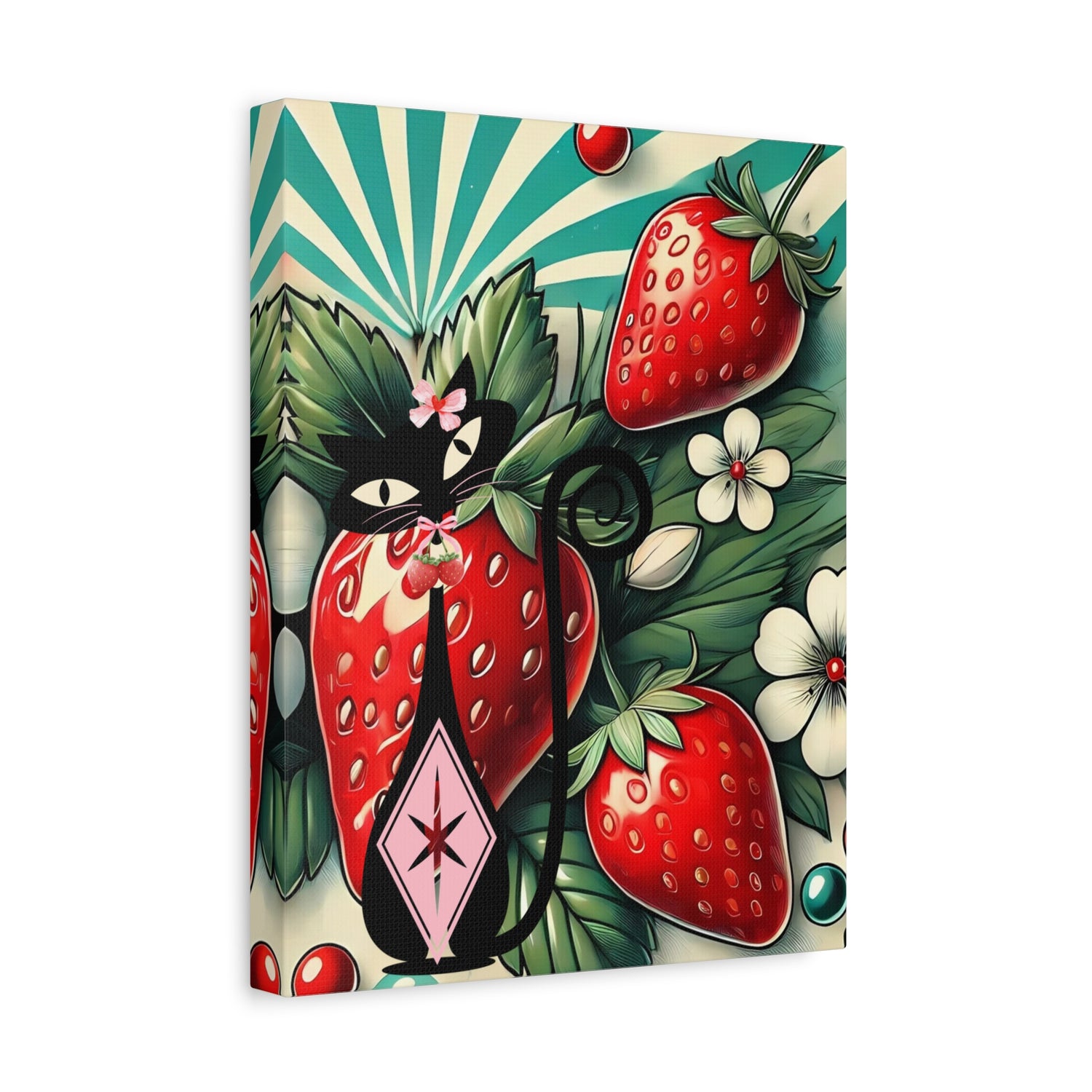 Retro Atomic Cat and Strawberry Wall Art Canvas - Vibrant Home Decor - Mid Century Modern Gal