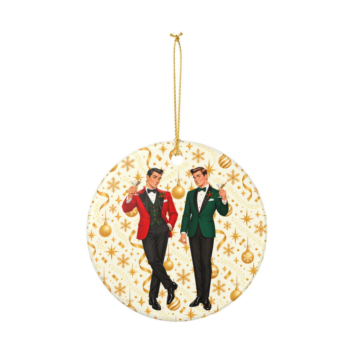 Mid Century Modern Christmas Martini Dapper Gay Male Couple Ceramic Christmas Tree Ornament