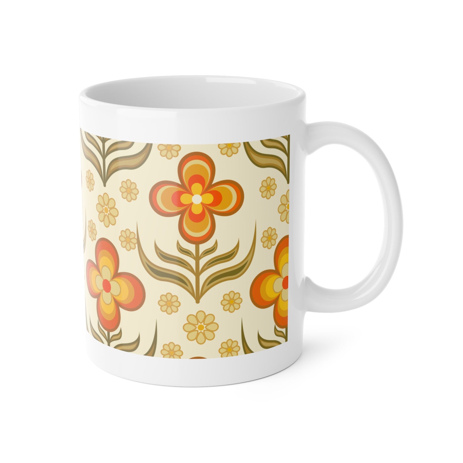 70s Flower Power, Daily Cup of Retro White Ceramic Mug, 11oz