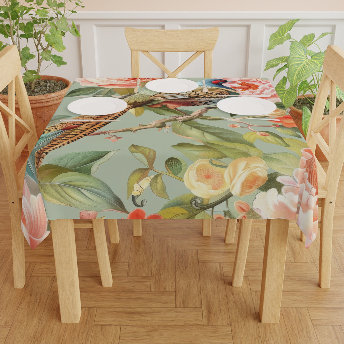 Chinoiserie Floral Pheasant Bird Tablecloth - Elegant Home Décor for Spring Celebrations - Mid Century Modern Gal