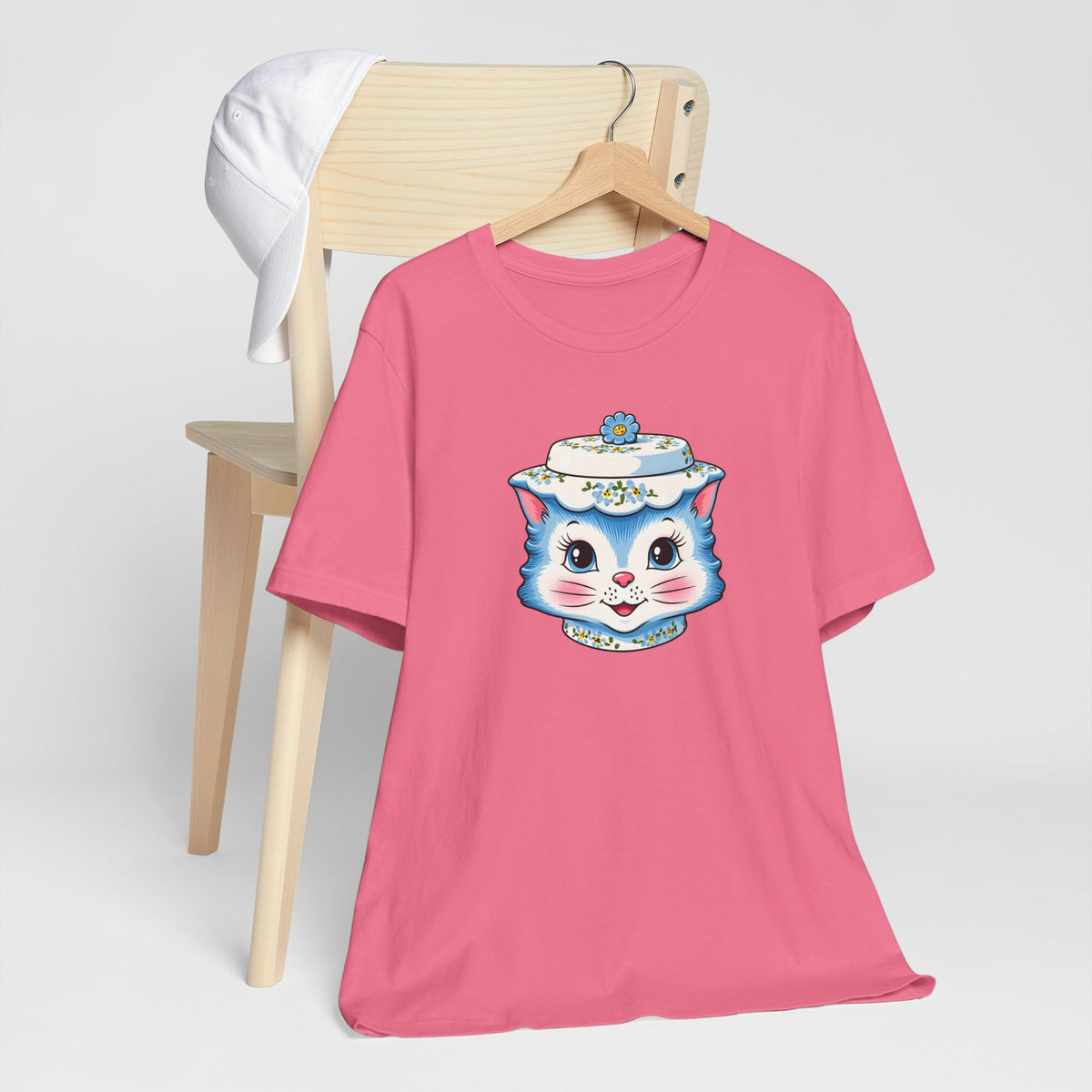 Mid Century Modern Kitschy Anthropomorphic Blue Cat with Floral Hat Unisex T-Shirt