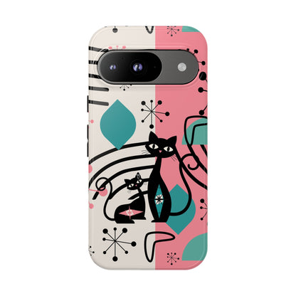 Mid Mod Atomic Cat Boomerang Starburst, Pink, Black Kitschy Stylish Cat Phone Case: Modern Design for Cat Lovers