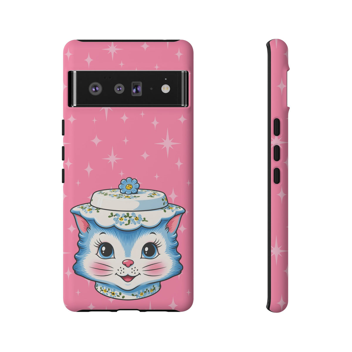Mid Century Modern Kitschy Anthropomorphic Blue Cat with Floral Hat Tough Phone Case