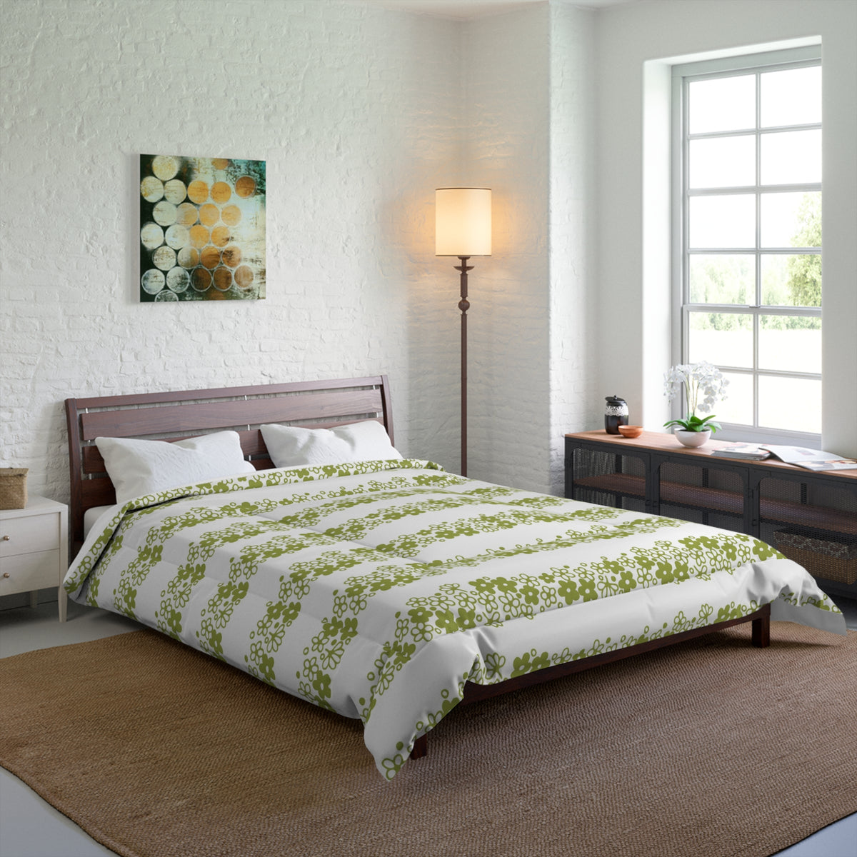 Pyrex Crazy Daisy Spring Blossom Retro Botanical Green Floral Comforter - Mid Century Modern Gal