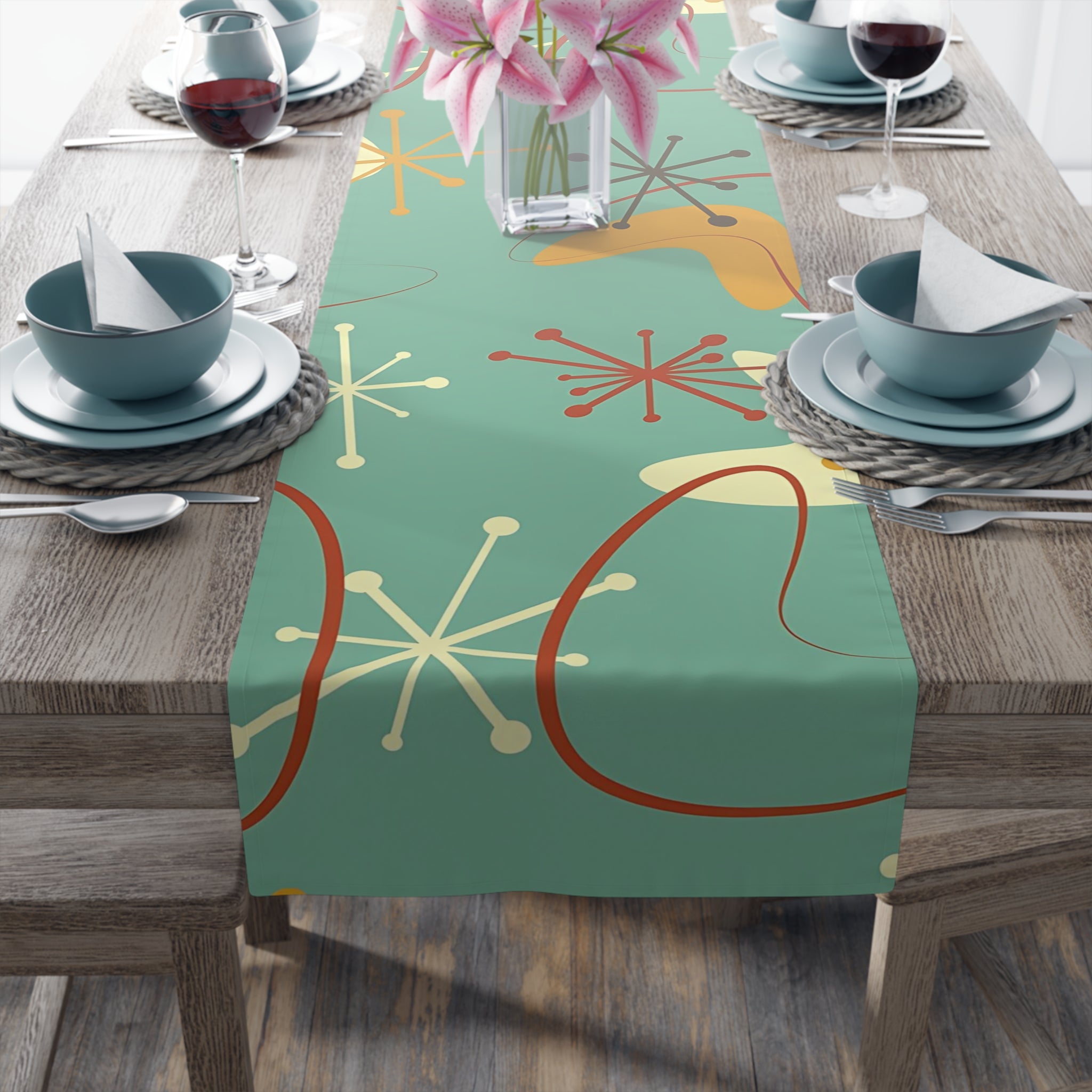 Mid Century Modern Mint Blue Grass Mustard yellow Retro Abstract MCM Home Decor Table Runner - Mid Century Modern Gal