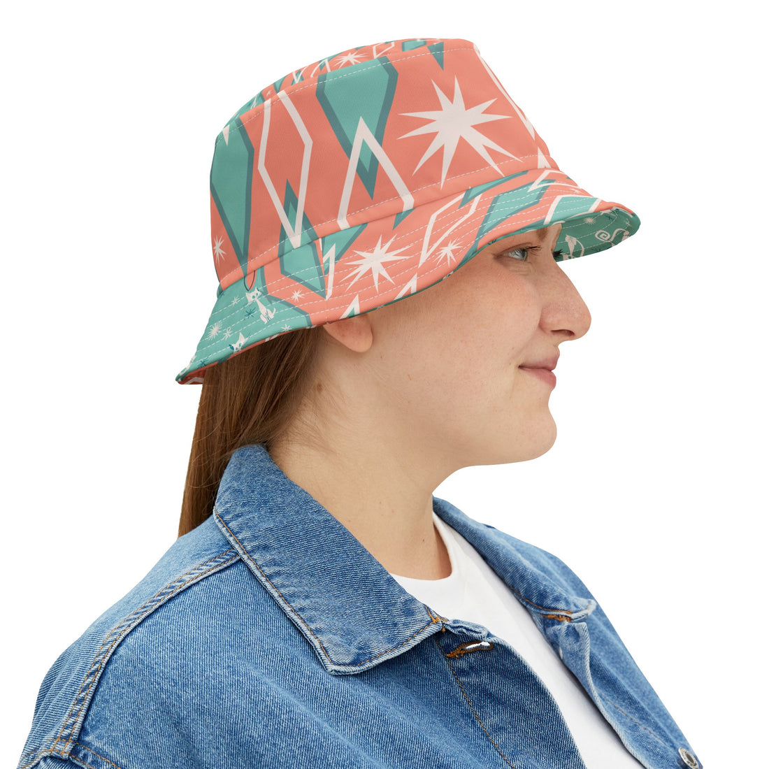 Atomic Kittie Cats, Coral, Aqua, Kitschy Cute Summer Mid Mod Retro Bucket Hat