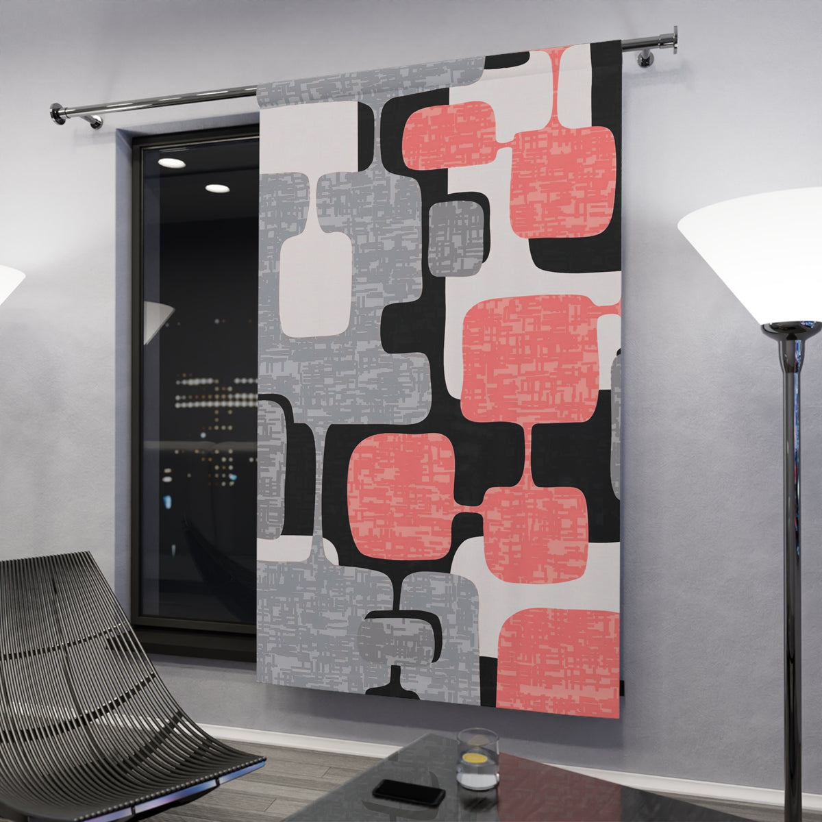 Mid Century Modern Window Treatment, Geometric, Coral Pink, Black, Gray, White, MCM Window Curtain - Mid Century Modern Gal