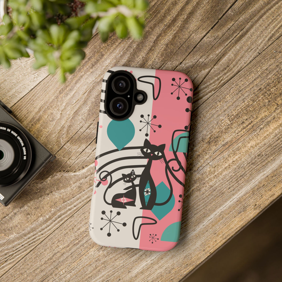 Mid Mod Atomic Cat Boomerang Starburst, Pink, Black Kitschy Stylish Cat Phone Case: Modern Design for Cat Lovers