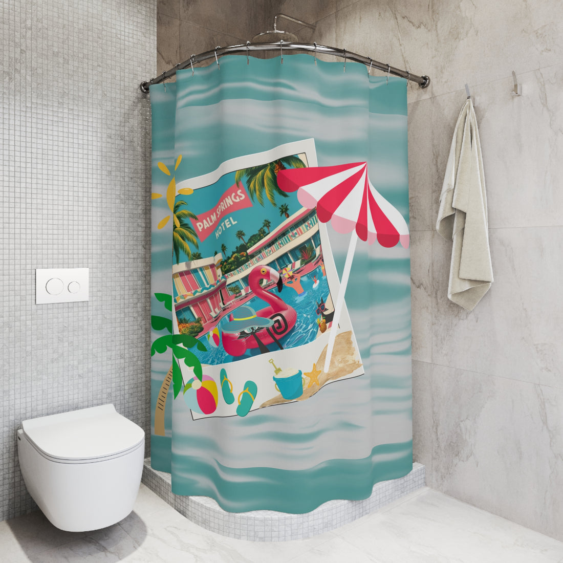 Palms Springs Hotel, Kitschy Flamingo, Atomic Cats Tropical Palm Springs Shower Curtain - Retro Summer Vibes - Mid Century Modern Gal