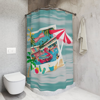 Palms Springs Hotel, Kitschy Flamingo, Atomic Cats Tropical Palm Springs Shower Curtain - Retro Summer Vibes - Mid Century Modern Gal