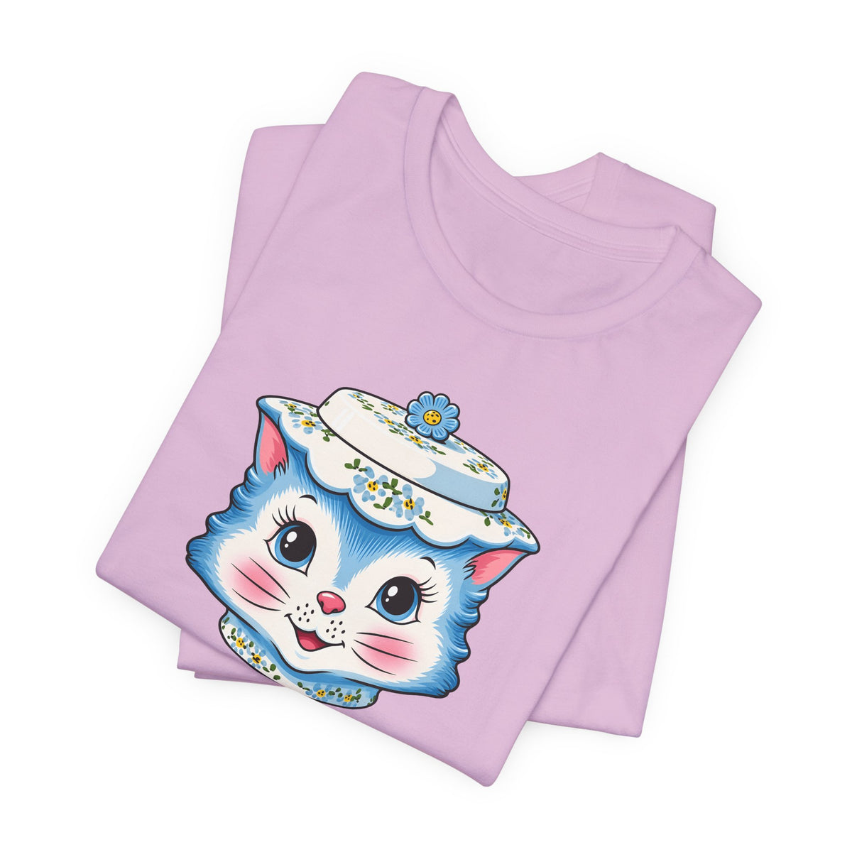 Mid Century Modern Kitschy Anthropomorphic Blue Cat with Floral Hat Unisex T-Shirt