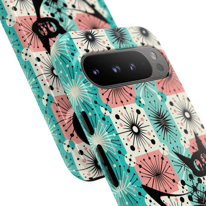 Atomic Kitschy Cat, Mid Century Modern Pink, Aqua Starbursts Tough Phone Case