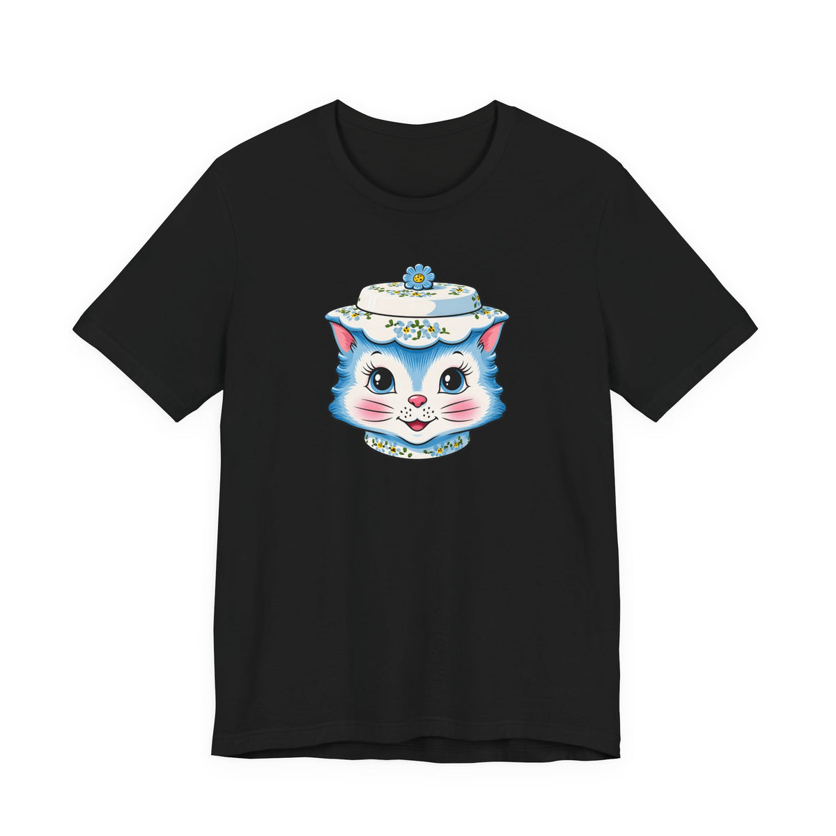 Mid Century Modern Kitschy Anthropomorphic Blue Cat with Floral Hat Unisex T-Shirt