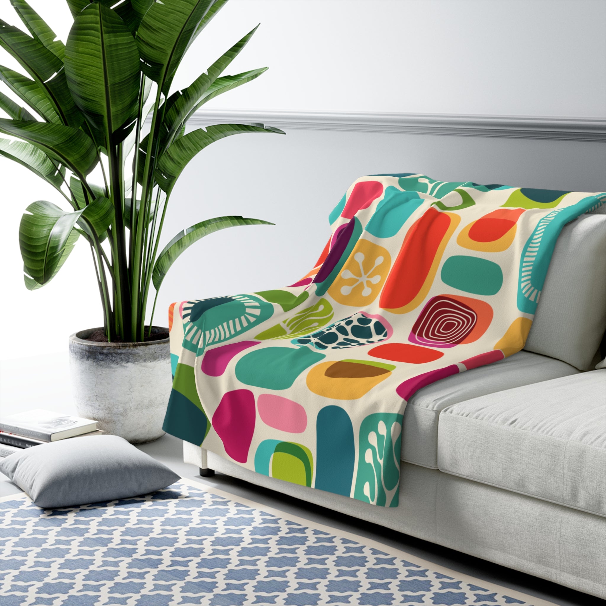 Amoeba Boho Mid Century Modern Colorful Sherpa Fleece Blanket - Cozy Home Decor for Holidays &amp; Celebrations - Mid Century Modern Gal
