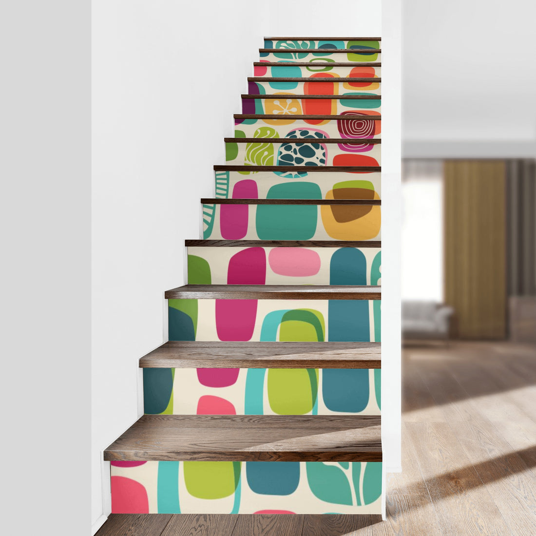 Mid Century Modern Amoeba Designed Funky Colorful Peel And Stick Stair Risers