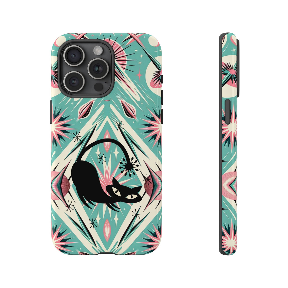 Atomic Cat, Mid Century Modern Aqua Blue, Pink, Starbursts Tough Phone Case