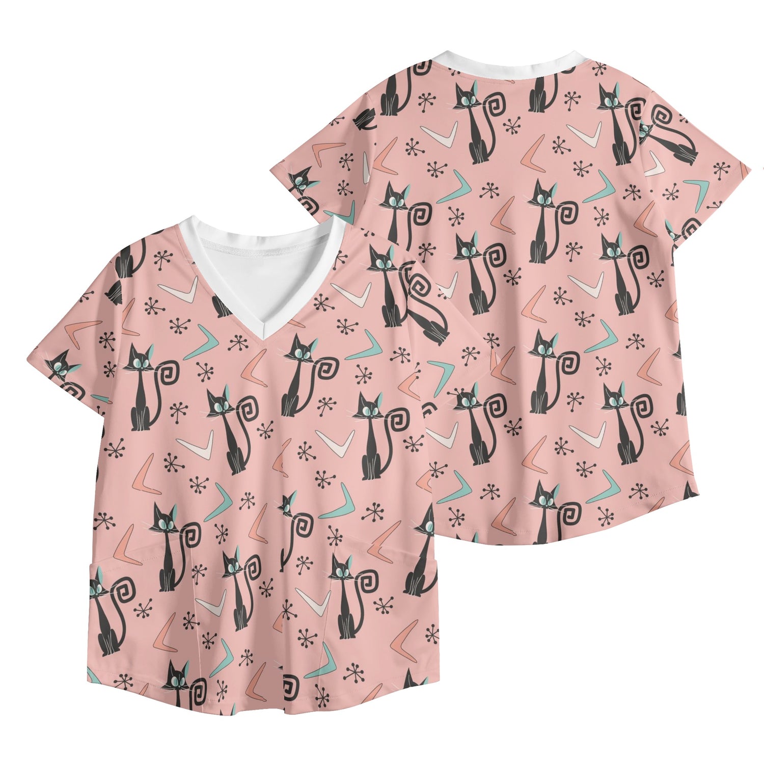 Atomic Cat, Nurses Work Scrub Top, Mid Century Modern, Cute Kitsch Style - Mid Century Modern Gal