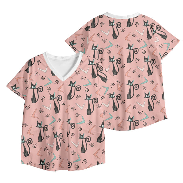 Atomic Cat, Nurses Work Scrub Top, Mid Century Modern, Cute Kitsch Style