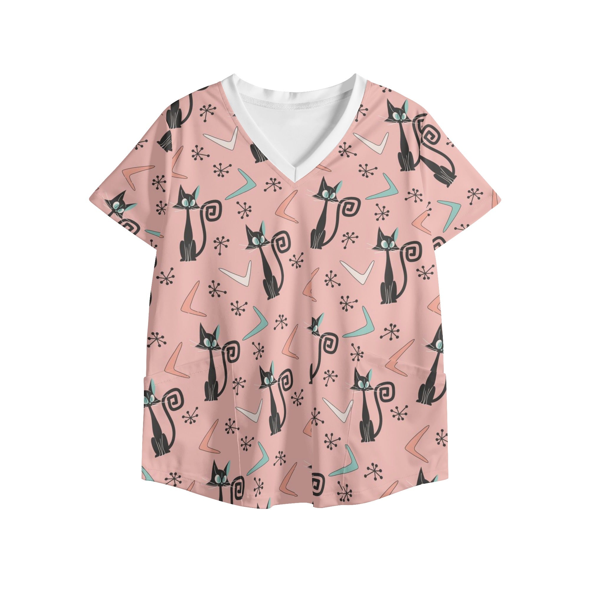 Atomic Cat, Nurses Work Scrub Top, Mid Century Modern, Cute Kitsch Style - Mid Century Modern Gal