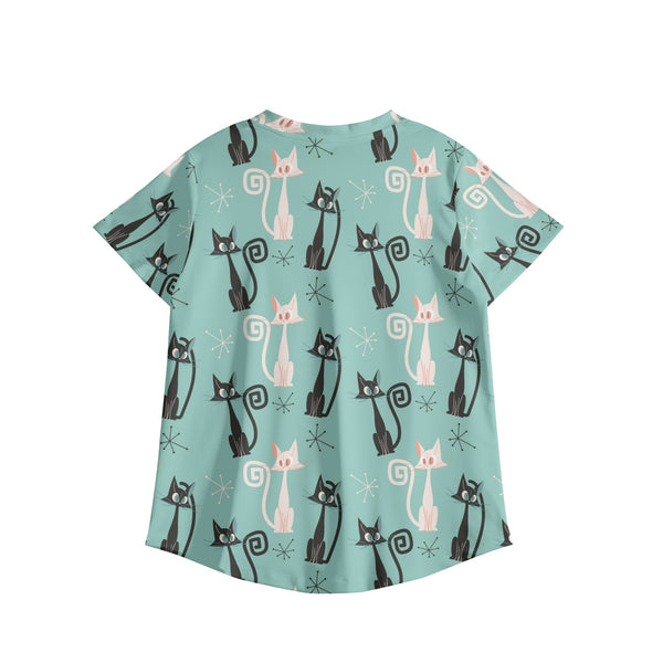 Atomic Cats, Whimsical Fun Womens Printed V Neck Workwear Nursing Scrub Top