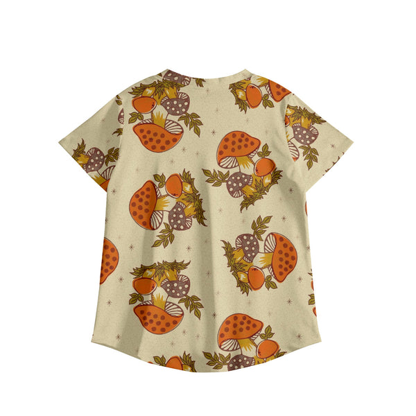 70s Vintage Merry Mushroom Groovy Retro Womens Printed V Neck Workwear Nursing Scrub Top