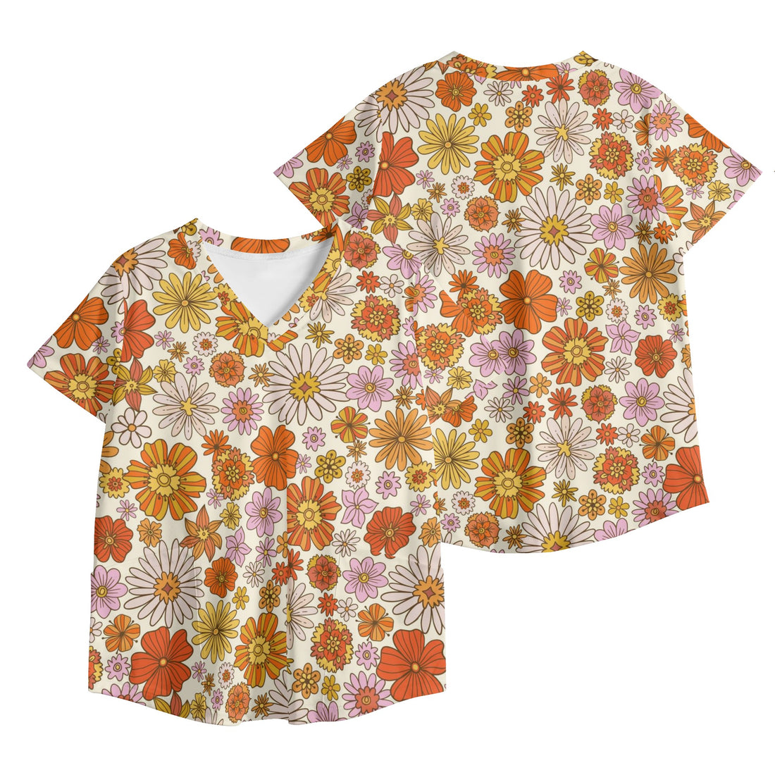 Vintage Floral 70s Pattern Mid Mod Womens Printed V Neck Workwear Nursing Scrub Top
