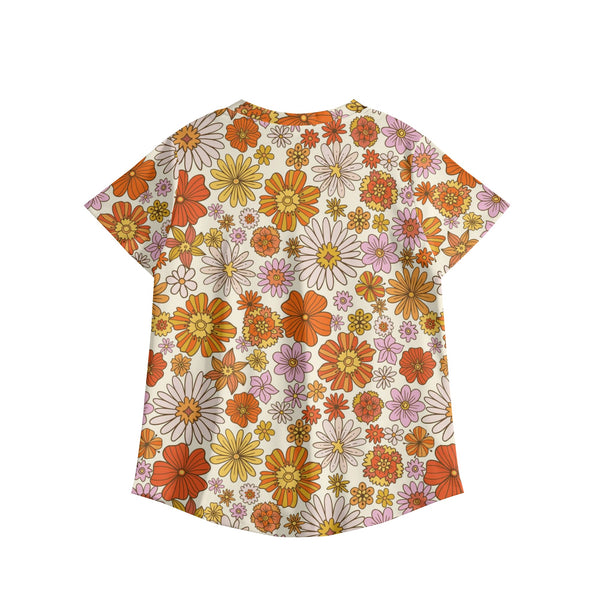 Vintage Floral 70s Pattern Mid Mod Womens Printed V Neck Workwear Nursing Scrub Top