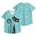 Mid Century Mod Aqua Starbursts, Atomic Cat, Womens Printed V Neck Workwear Nursing Scrub Top