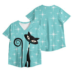 Mid Century Mod Aqua Starbursts, Atomic Cat, Womens Printed V Neck Workwear Nursing Scrub Top