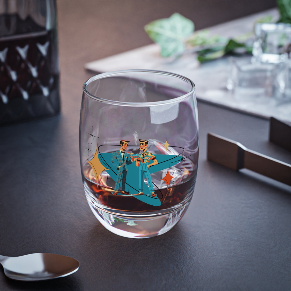 Mid Mod Gay Male Pals, LGBTQ Male Gay Couple Whiskey Glass - Mid Century Modern Gal