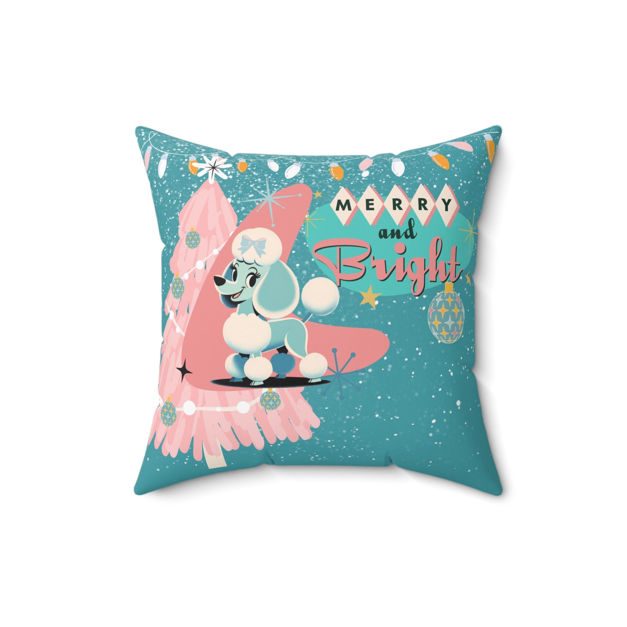 Mid Century Modern 50s Holiday Kitsch Poodle Merry And Bright, Aqua Pink Christmas Pillow And Insert - Mid Century Modern Gal