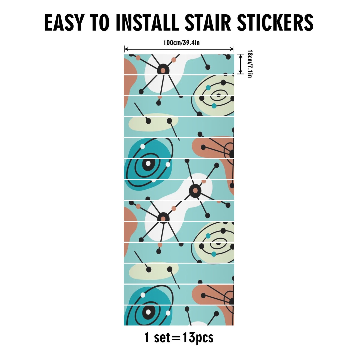 Mid Century Modern Amoeba, Googie Atomic 50s Designed 13Pcs Stairs Stickers