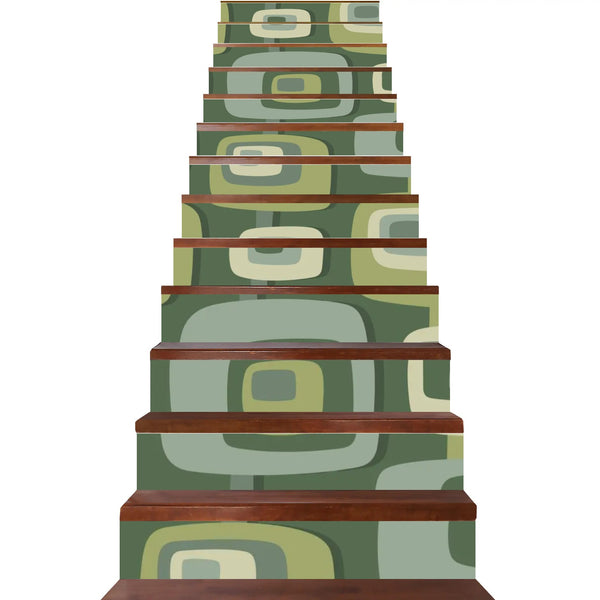 Mid Century Modern Geometric Pattern Green, Beige, MCM 13Pcs Stairs Stickers