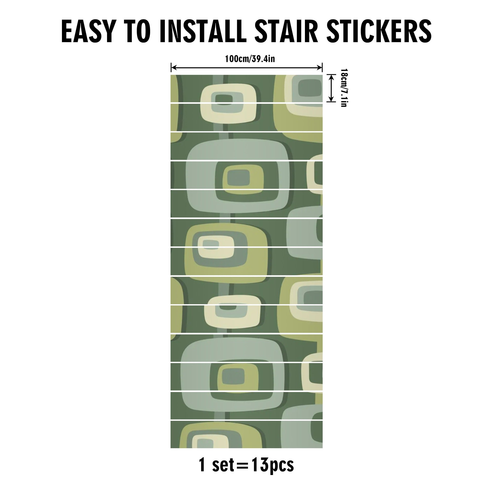 Mid Century Modern Geometric Pattern Green, Beige, MCM 13Pcs Stairs Stickers