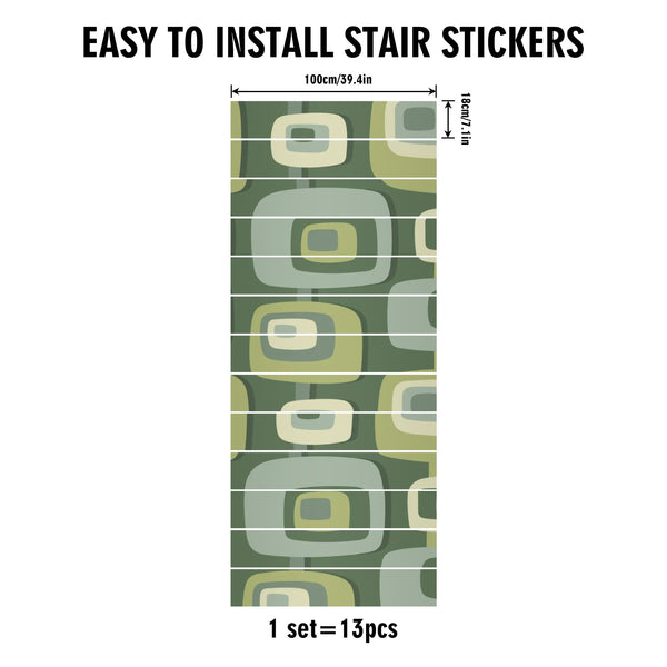 Mid Century Modern Geometric Pattern Green, Beige, MCM 13Pcs Stairs Stickers