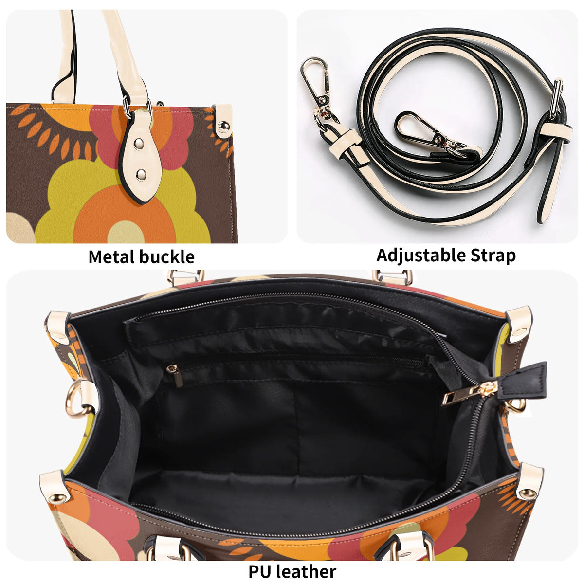 Flower Power 70s Groovy Brown, Orange Retro Womens  PU Leather Handbag - Mid Century Modern Gal