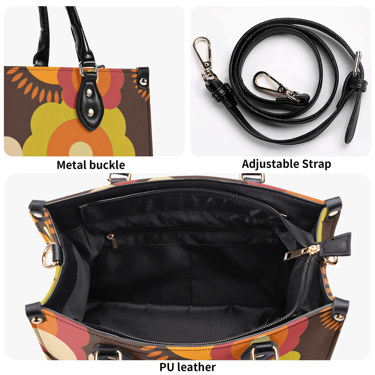 Flower Power 70s Groovy Brown, Orange Retro Womens  PU Leather Handbag - Mid Century Modern Gal