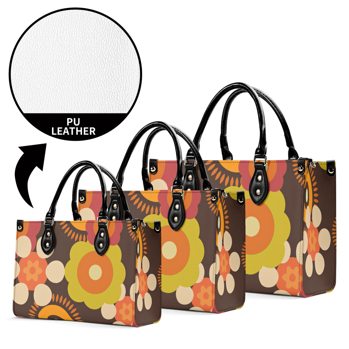 Flower Power 70s Groovy Brown, Orange Retro Womens  PU Leather Handbag - Mid Century Modern Gal