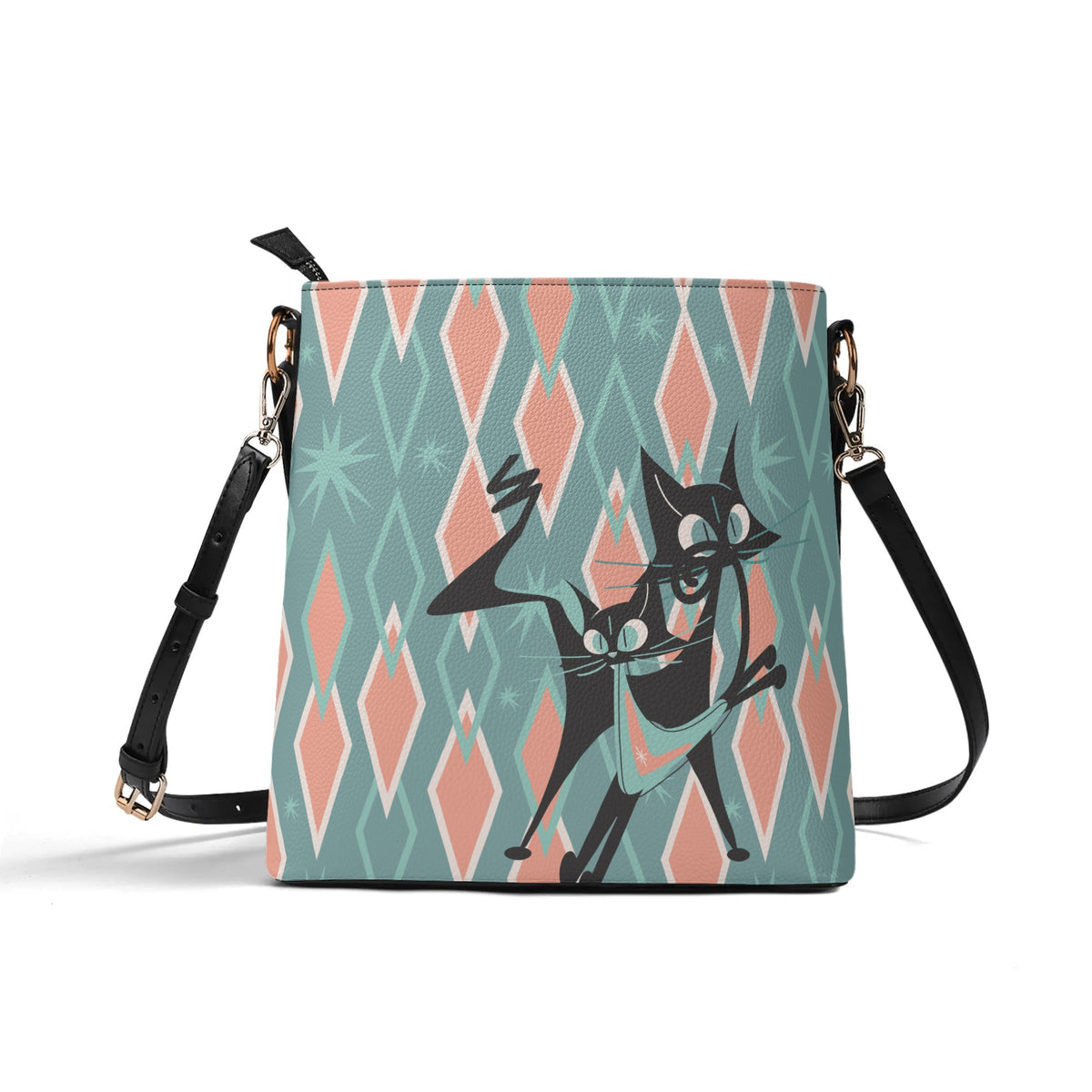 Mid Mod Atomic Cat, Kitschy Retro Bucket Bag Shoulder Bag - Mid Century Modern Gal
