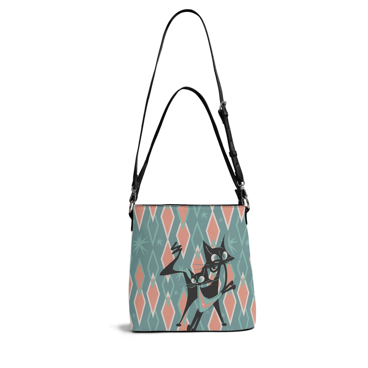 Mid Mod Atomic Cat, Kitschy Retro Bucket Bag Shoulder Bag - Mid Century Modern Gal