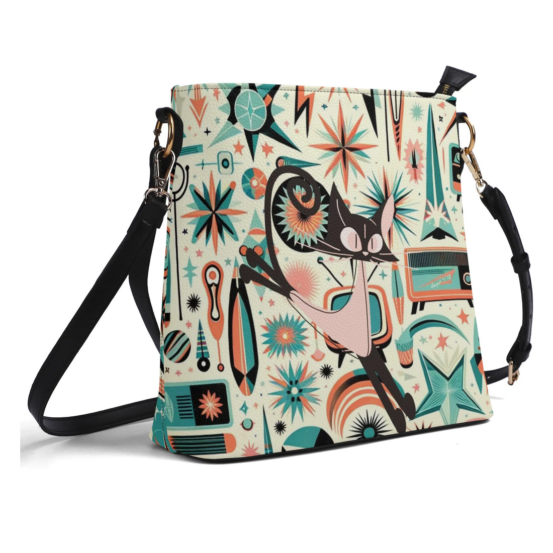 Atomic Cat, Space Cat Mid Century Modern Kitschy Retro Bucket Bag, Shoulder Bag