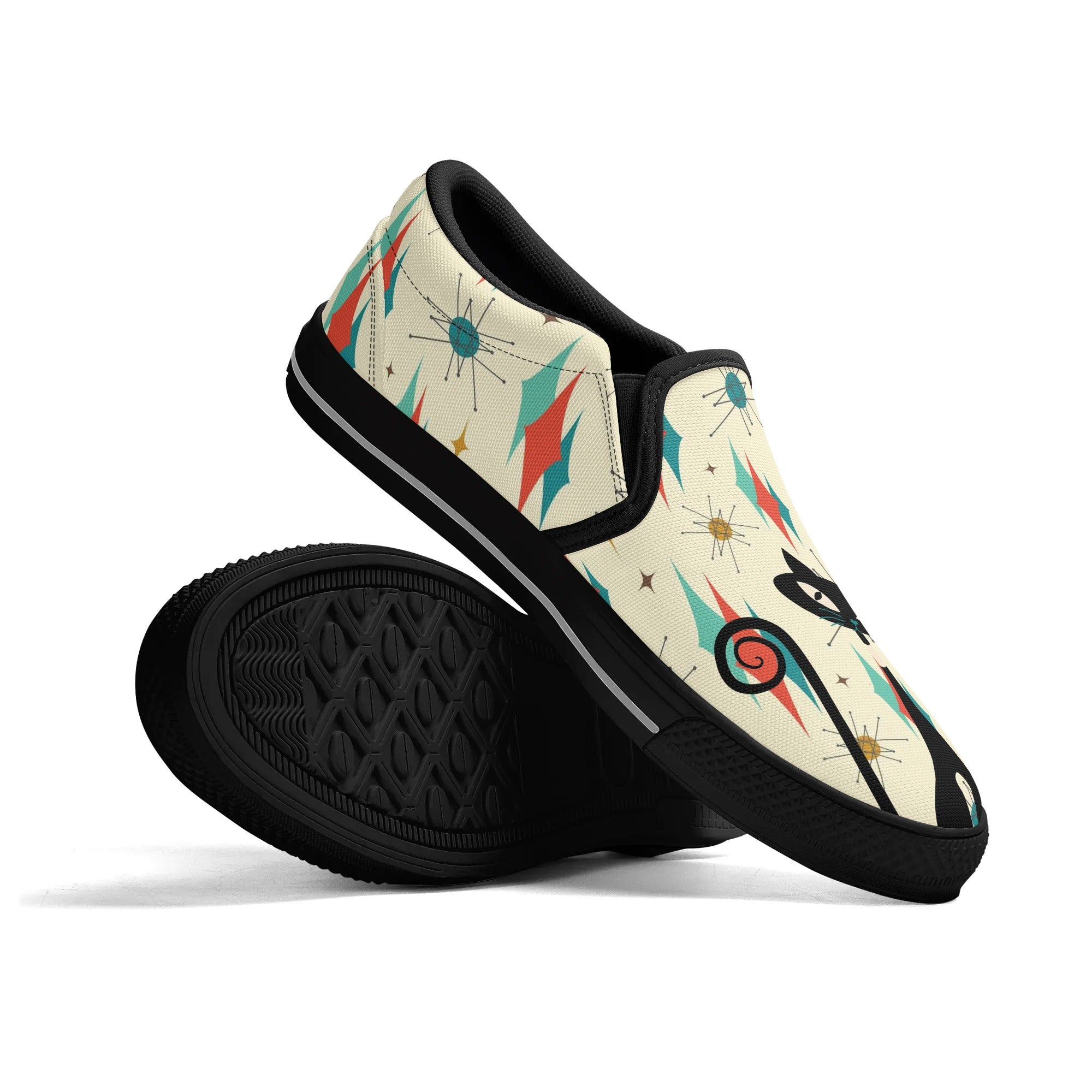 Atomic Cat Mid Mod Franciscan Pattern Kitschy Kicks, WomensSlip On Shoes