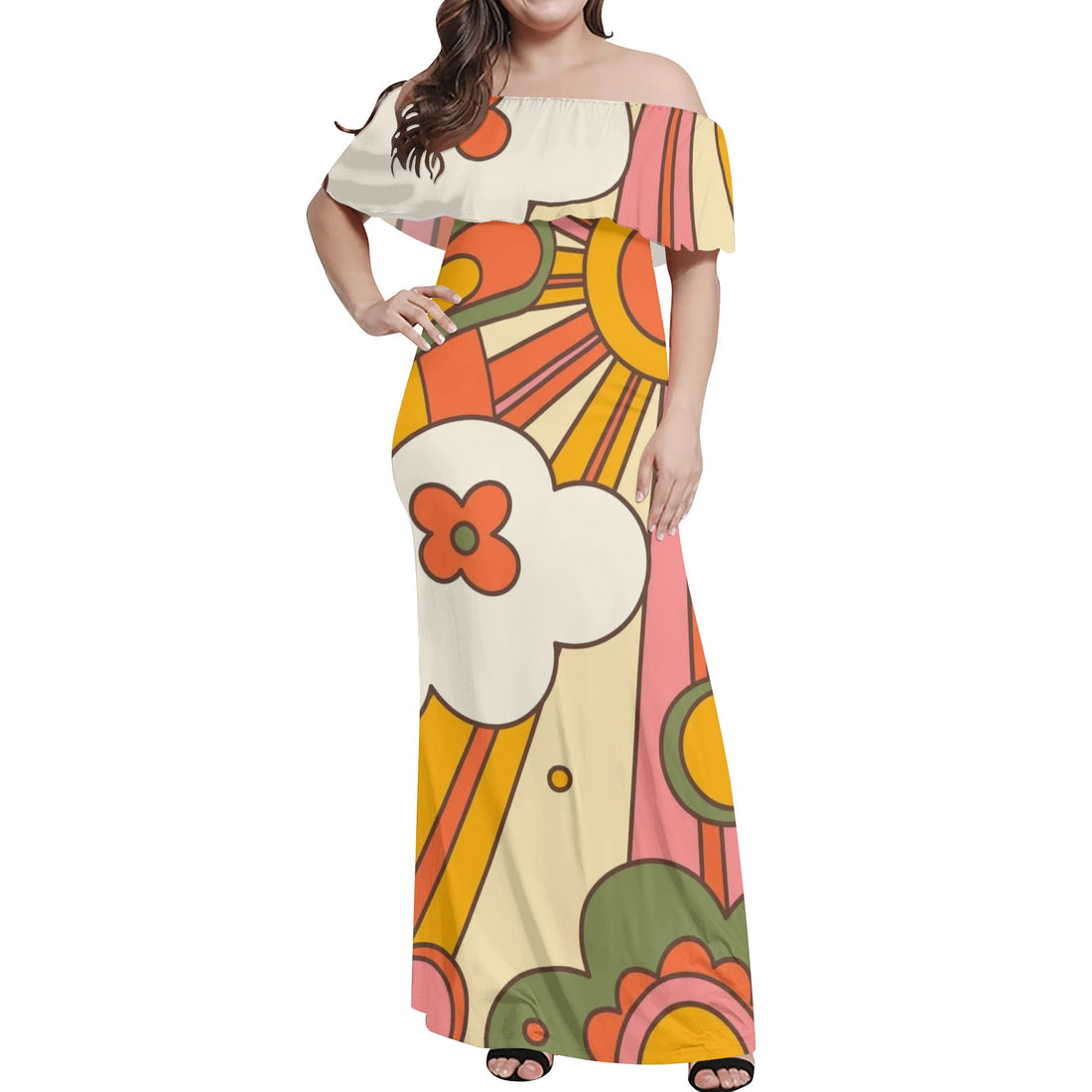 70s Groovy Sun Hippie Dress Womens Off The Shoulder Wrap Long Dress - Mid Century Modern Gal