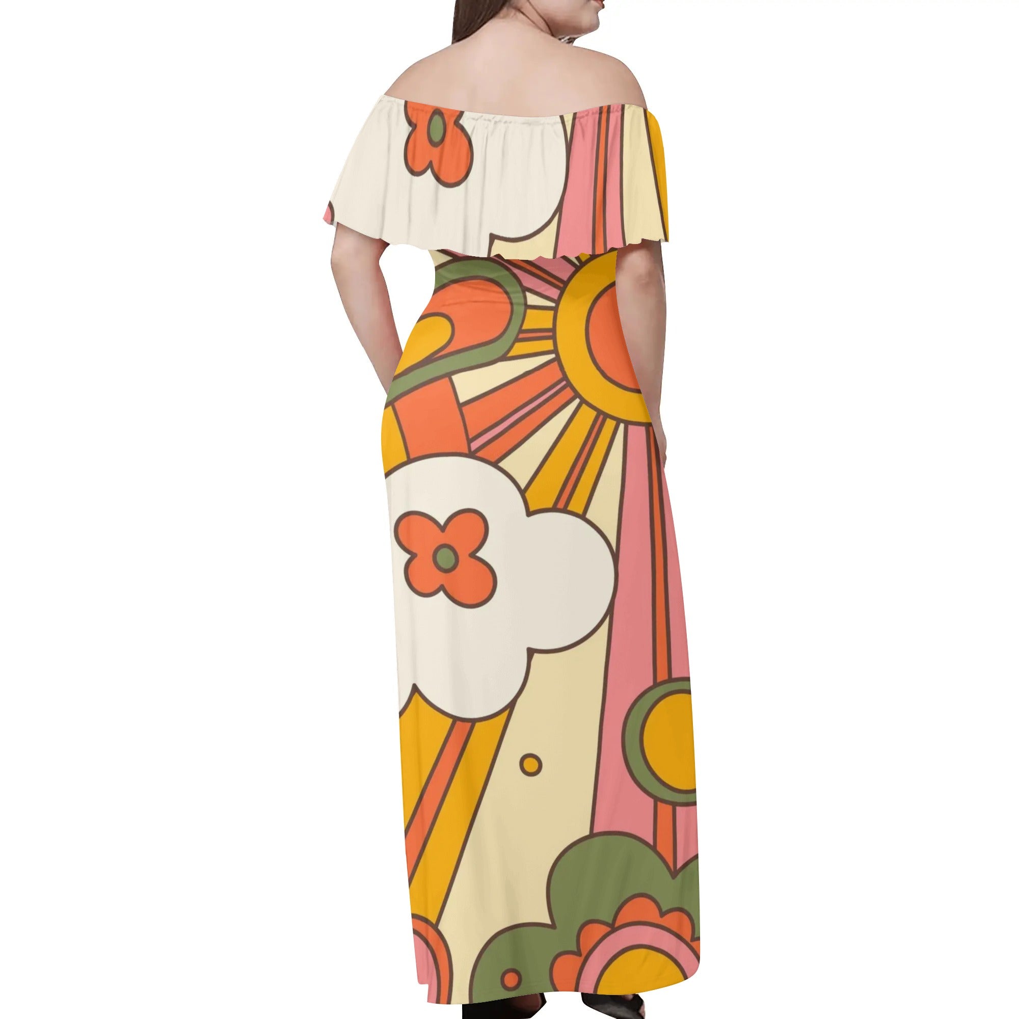 70s Groovy Sun Hippie Dress Womens Off The Shoulder Wrap Long Dress