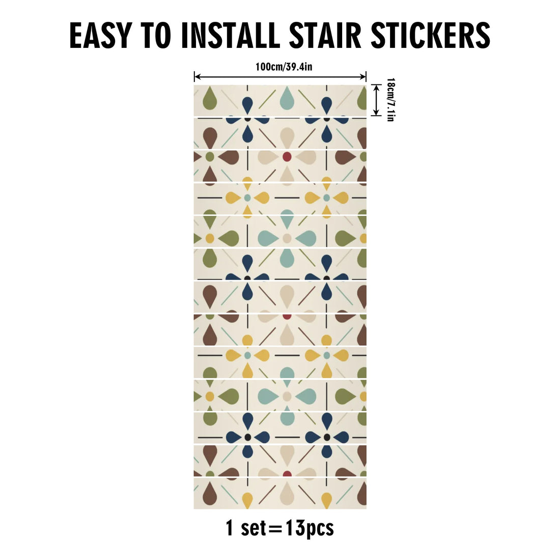 Mid Century Modern Scandinvian Floral Stair Decal Riser Peel And Stick 13Pcs Stairs Stickers - Mid Century Modern Gal