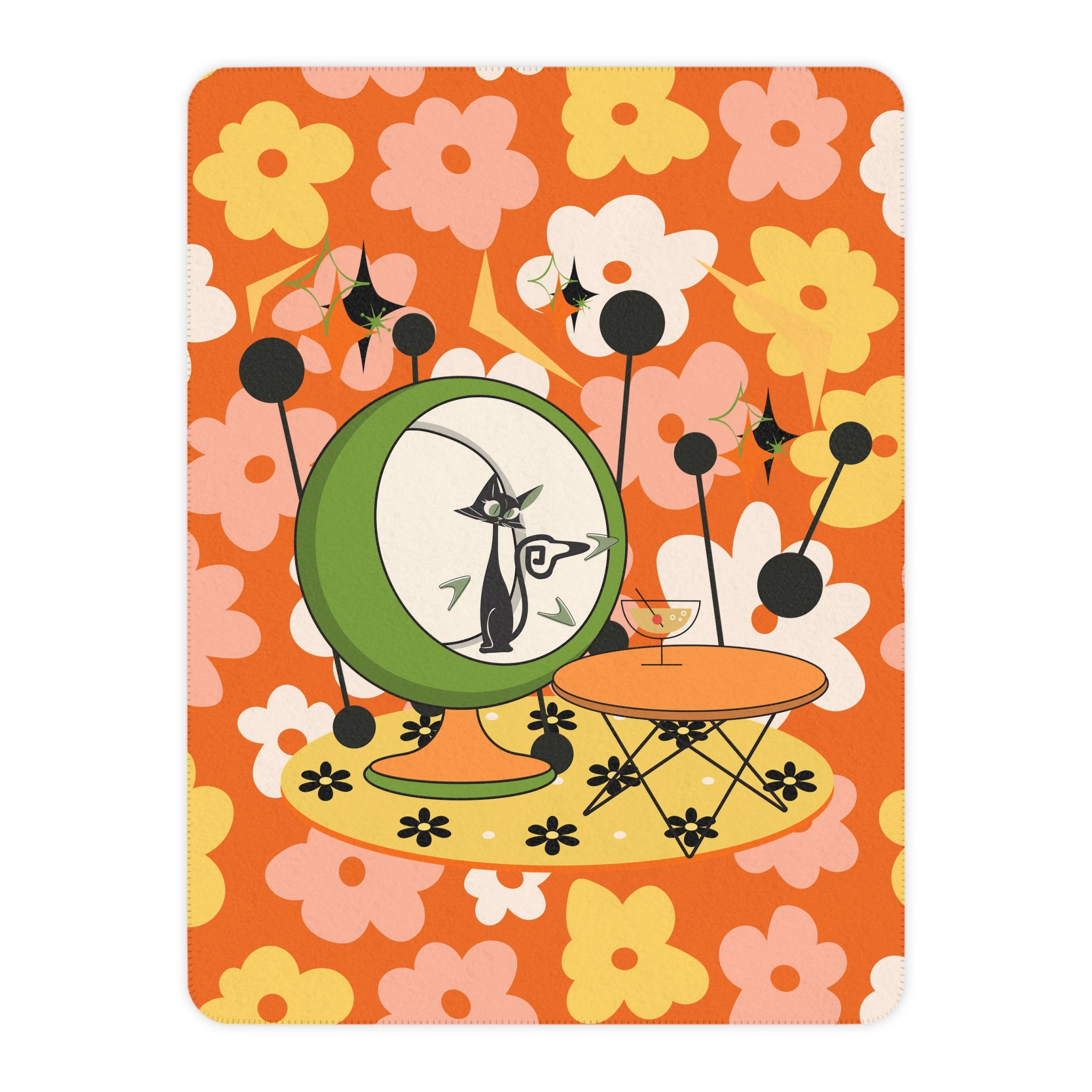 Atomic Cat Retro Orange Flower Power Mid Century Modern Kitschy Mod Cozy Blanket - Mid Century Modern Gal