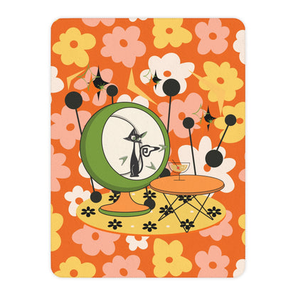 Atomic Cat Retro Orange Flower Power Mid Century Modern Kitschy Mod Cozy Blanket - Mid Century Modern Gal