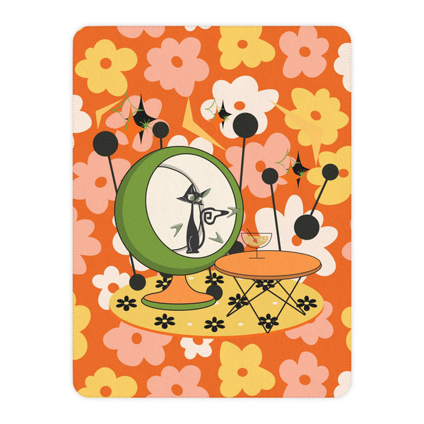 Atomic Cat Retro Orange Flower Power Mid Century Modern Kitschy Mod Cozy Blanket